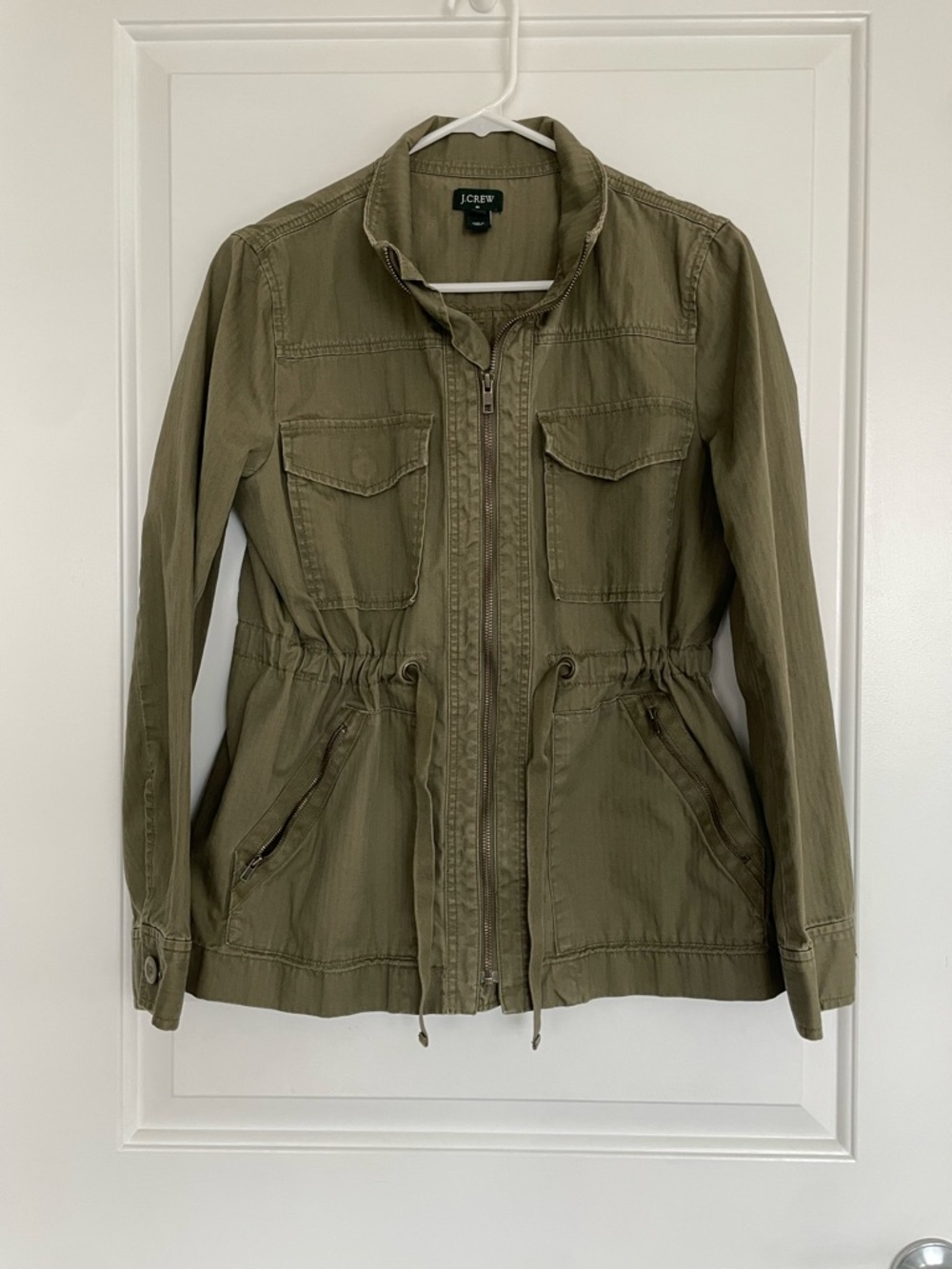J. Crew Olive Military Utility Drawstring Jacket Y2K Zip Front Barn Coat Small